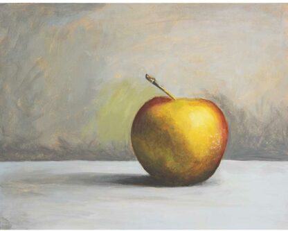 An acrylic painting on canvas of an apple against a grey background