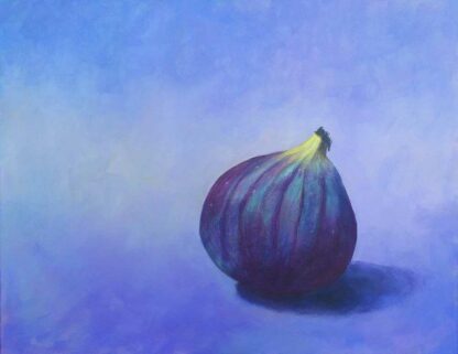 Acrylic still life painting of a fig on purple and lilac background