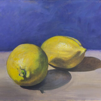 Painting of a pair of lemons on a pale surface with a bluey purple background
