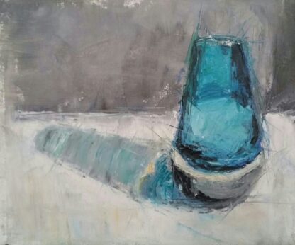 Textured oil paintining of a small turquoise blue glass bud vase