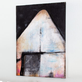 Abstract artwork with geometric shapes and soft warm colours with pink and blue highlighted against black