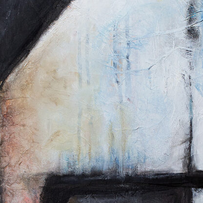 Close up textural section of abstract art piece in soft blue, brown and black edges