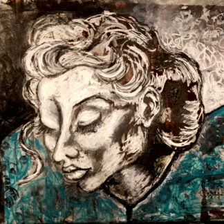 Mixed media artwork in blues and black of a lady sat with her eyes closed
