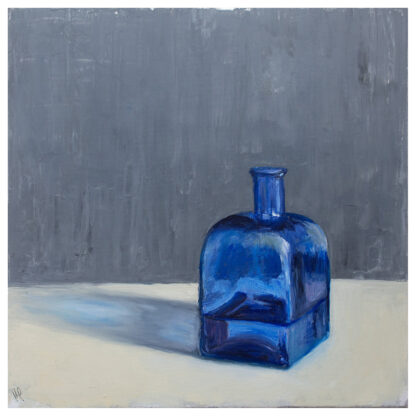 Oil painting of a blue, square, glass bottle with blue glass shadow against grey wall