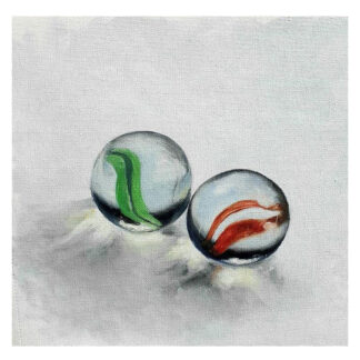 oil painting of two marbles, green and red
