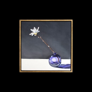 A deeply felt still life painting of a single magnolia in vintage purple glass. Explore the beauty of light and shadow.